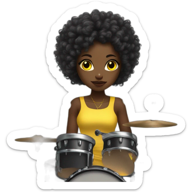 cute punk girl in yellow dress dark skin with yellow eyes and dark curvy hairs plays on drums sticker