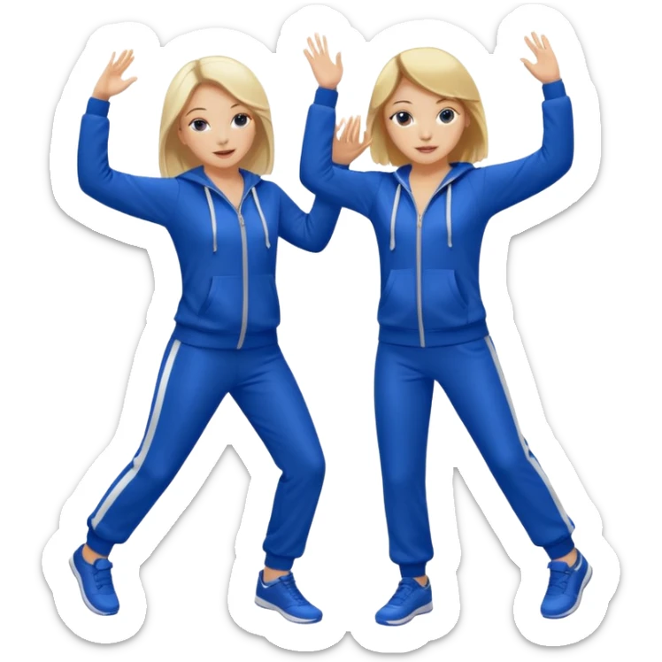 two girls dancing one is blond and one is brunette they are wearing royal blue track suits sticker