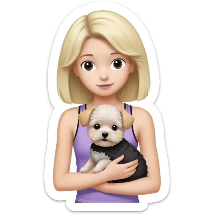 Blonde haired teenager wearing light purple tank top holding a Black and white and gray poochon dog  sticker