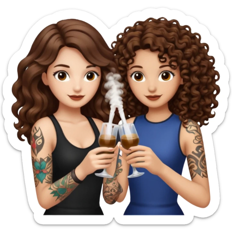 vial cheers — long wavy brown hair tattooed woman and short tight curly brown hair woman — clink potions sticker