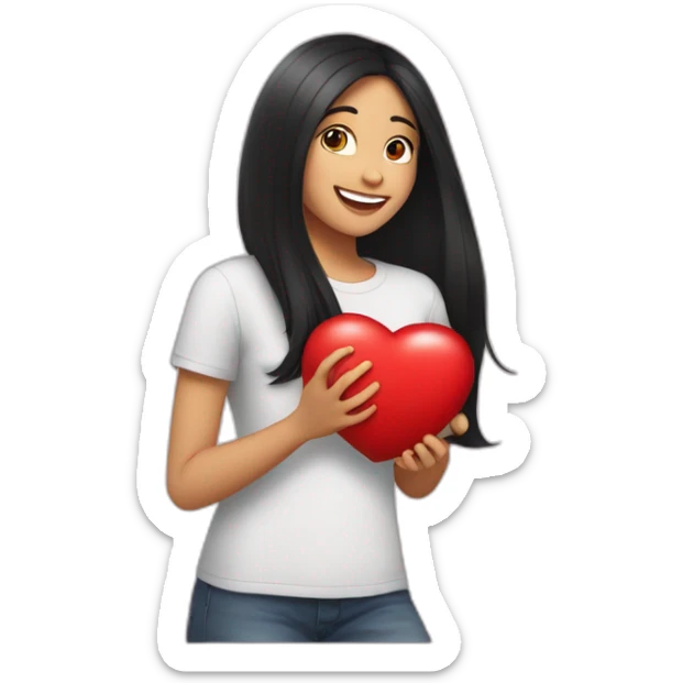  20-year-old woman with long black hair, wearing a formal t-shirt, smiling and hugging a red heart sticker