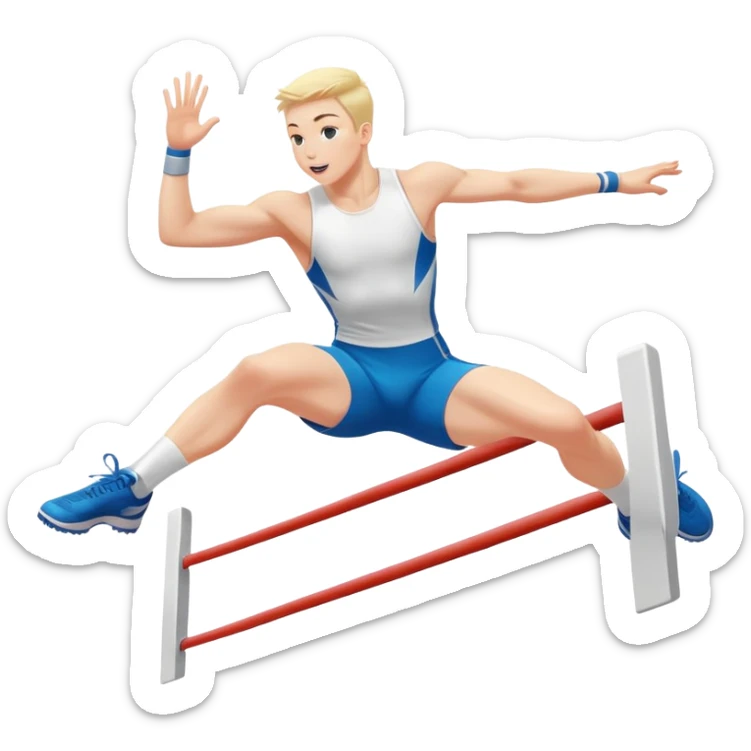An icon of an white-skined athlete soaring over a hurdle, mid-jump, with a powerful form. The background features a vibrant stadium, with the track and hurdles in sharp focus, and a cheering crowd along the stands. The motion of the jump emphasizes speed and agility. Transparent background. sticker