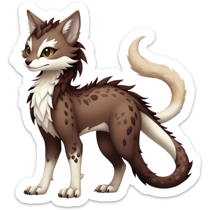 Kawaii dark edgy brown beige white fantasy ethereal feline-vernid-sergal-fursona animal creature with a tufted tail full body with intricate markings  sticker