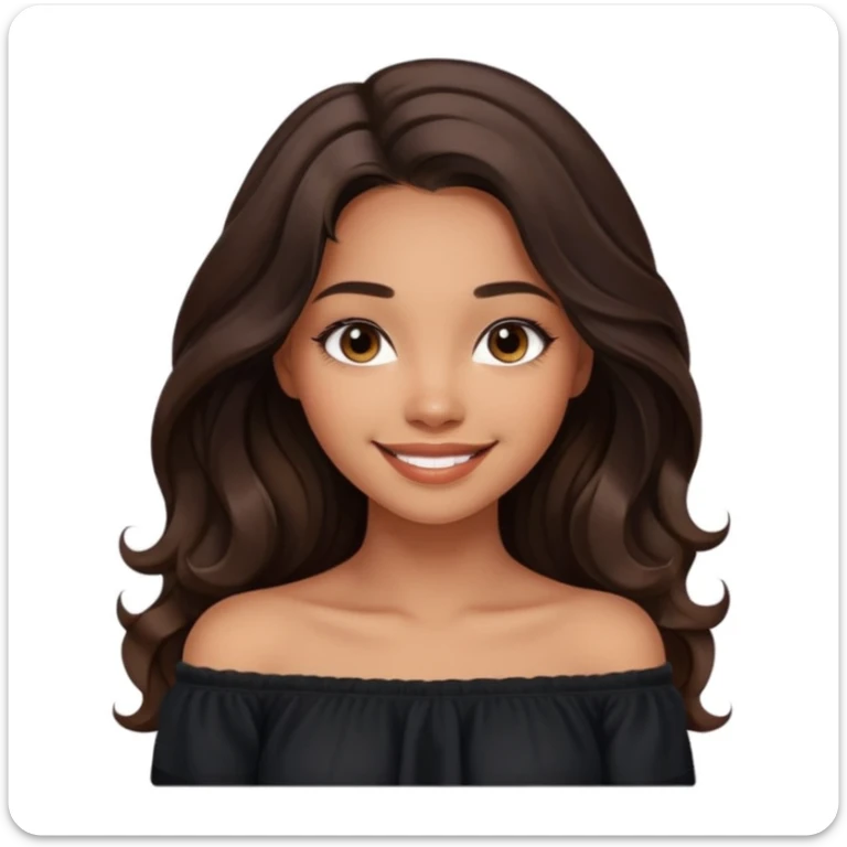 modern clean emoji of a young woman with medium skin tone, long wavy dark brown hair, wearing a black off-shoulder top, smiling softly, expressive eyes, hint of warmth, contemporary inviting style, soft gradient background sticker