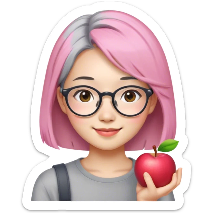 women with long shoulder hair, the color is pink combination gray, white skin, use glasses, have an apple cheek, have asian smile, cute, the age is 20 years old. sticker