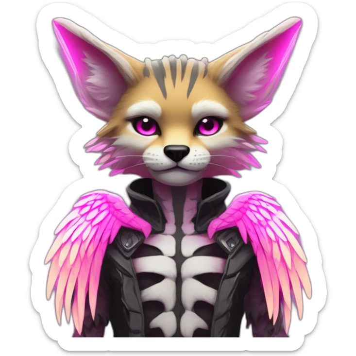 Coyote ocelot standing with grey and black fur and phoenix wings on back and pink ears half skeleton, neon lights sticker
