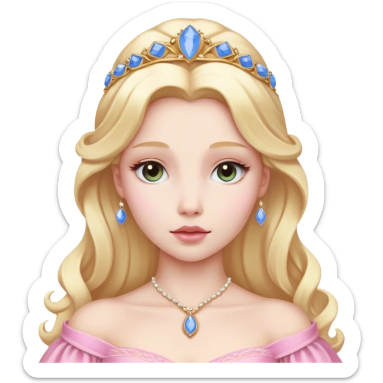 Cinematic Realistic Sleeping Beauty (Aurora) Portrait, with porcelain-like skin featuring a natural rosy flush, illuminated by soft lighting that highlights the gentle contours of her face. Her golden blonde hair flows in soft, detailed waves with subtle highlights that shimmer in the light. Her deep violet-blue eyes radiate warmth and innocence, framed by arched brows and long lashes. With a soft, serene smile, she holds a delicate rose gently in one hand, her other hand resting lightly by her side. She is dressed in her classic pink gown, the fabric rich in texture with delicate folds that catch the light. A golden crown rests atop her head, gleaming with royal refinement. The portrait captures a soft, glowing aura, blending realism with an ethereal sense of beauty and timeless enchantment. sticker