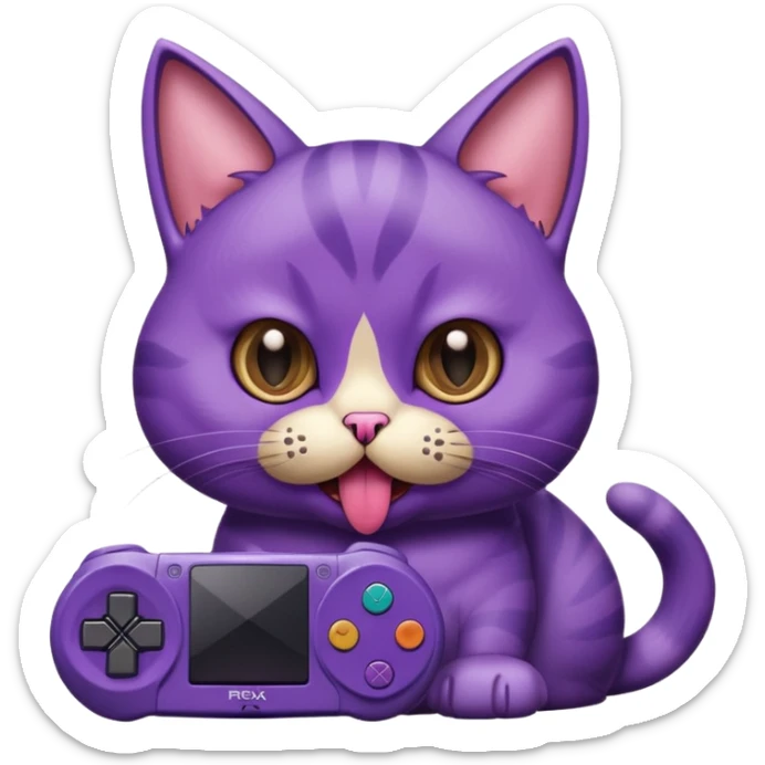 purple cat with huge eyes smelly lines and their massive brown tongue out also a playstation next to it sticker