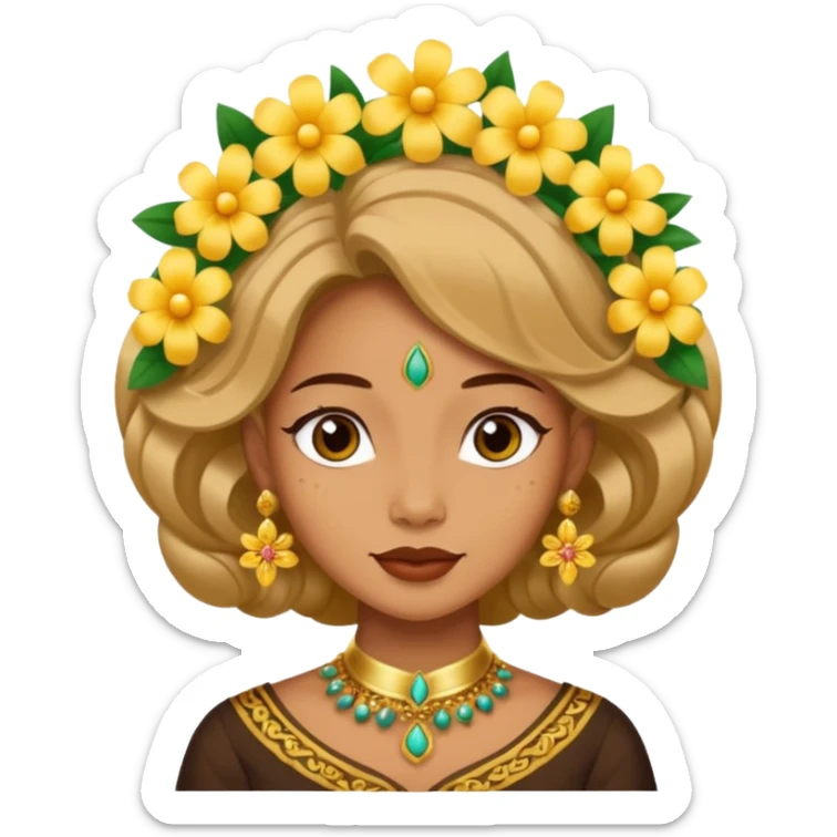 women with tan skin, wearing traditional Javanese hair with bouncy flowers, and wearing paes sticker