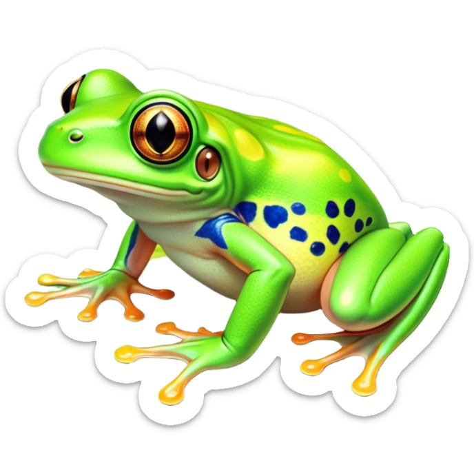 Cinematic Noble Green Tree Frog Portrait Emoji, Poised and alert, with a compact, vibrant body clad in bright, glossy green skin accented by delicate, sticky toe pads and large, bulging, observant eyes, Simplified yet sharp and sophisticated features, highly detailed, glowing with a soft, verdant luminescence, high shine, intelligent and sprightly, stylized with an air of tropical elegance, focused and attentive, soft glowing outline, capturing the essence of a watchful and confident amphibian that appears ready to leap out of the screen with effortless agility! sticker