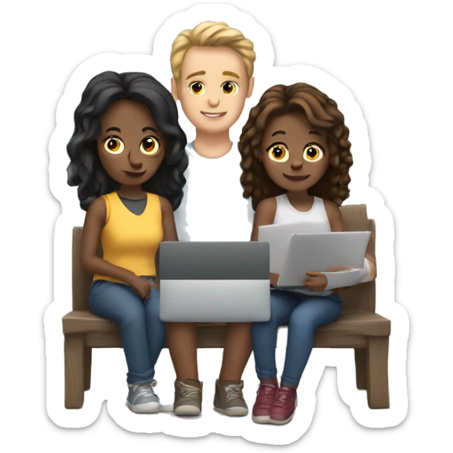 2 girl and 3 man each of them holding laptop and sit together  sticker