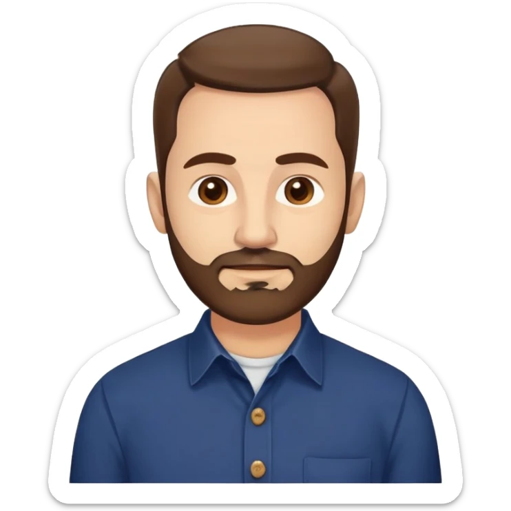 Man in his mid-50s with light skin tone. Round face with broad cheekbones. Lively brown eyes, prominent eyebrows. Full brown hair with minimal recession at temples. Brown beard covering jaw and chin. Slight smile. Wearing a navy button-down shirt. sticker