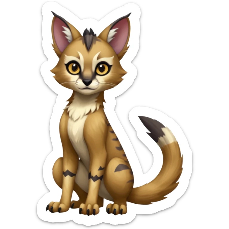 Cute kawaii cool edgy badass  fantasy-caracal-civet-genet-sergal-vernid-Gryphon-Cacomistle-Trico-oncilla-animal-Fakémon-hybrid-fursona (full body), facial markings, (realism style) sticker