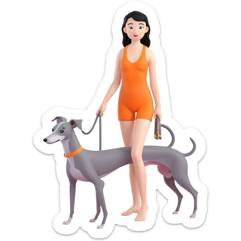 Slim Chinese woman with long black hair in appropriate beach attire at the beach with her completely solid grey Italian greyhound, ocean and sand visible, the dog has absolutely no white markings anywhere sticker