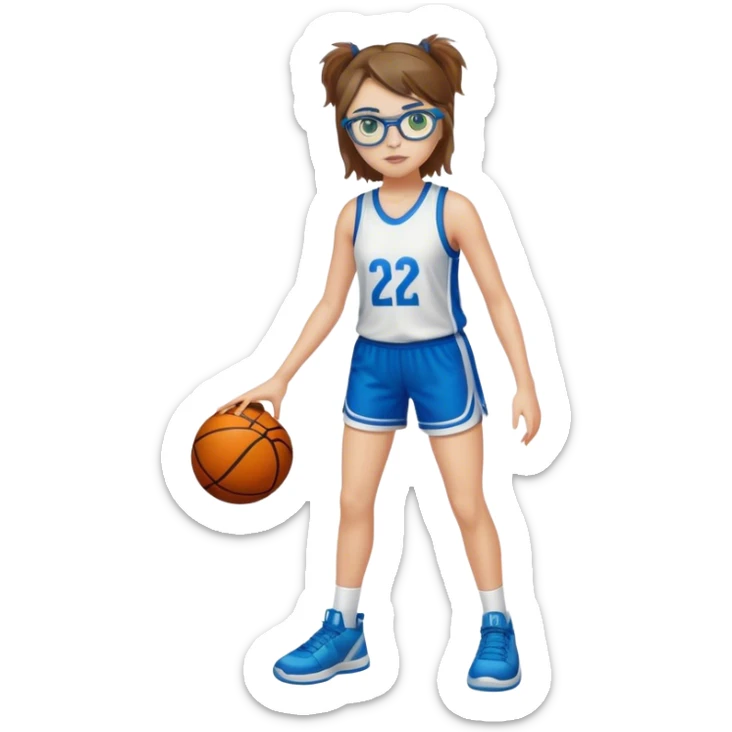 Full Body Girl with basketball short brown hair with blond highlights wearing blue glasses with green eyes sticker
