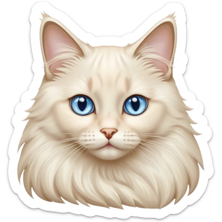 Cinematic Adorable Fluffy Cream Ragdoll Cat Portrait Emoji, Head tilted gracefully with soft, sparkling blue eyes, silky cream-colored fur with subtle darker points on the ears, face, and paws, Simplified yet noble features, highly detailed, glowing with a warm and gentle radiance, high shine, affectionate and poised, stylized with an air of elegance, bright and endearing, soft glowing outline, capturing the essence of a majestic and loving kitty, so dignified it feels like it could spring into action at any moment with grace! sticker