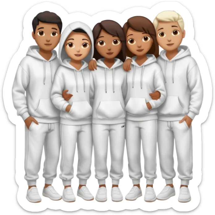 four mixed race friends all wearing white oversized hoodies with the all of the hoods up, white sweatpants, and white slides huddled together hugging sticker