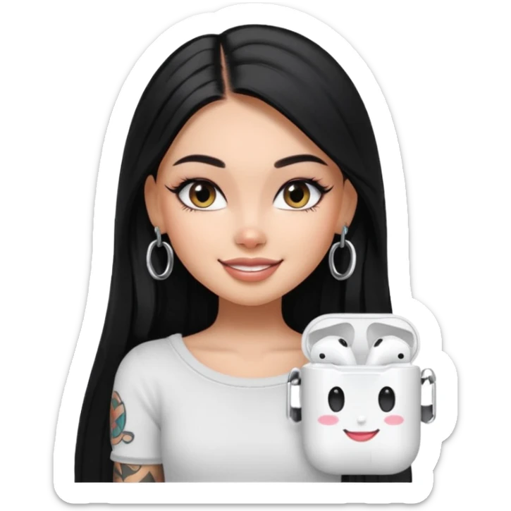 generate a pretty bratz girl with black long straight hair and airpods on, tattoo on shoulder, eyeliner on sticker