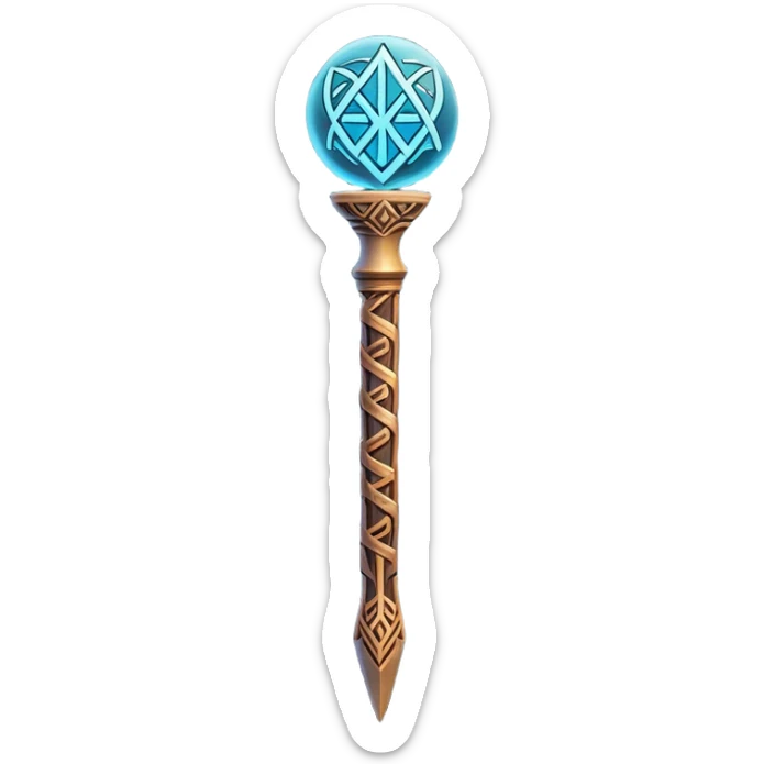 Clash of Clans aesthetic: Cinematic Playful Magic Staff Emoji, rendered in a 3D vector-style similar to standard emojis with minimal shading and bold, simplified shapes. A compact, isometric enchanted staff with intricate runic carvings and a glowing orb at its tip, softly glowing with a mystical arcane charm. Simplified yet unmistakably iconic, highly detailed and consistent, glowing with a soft radiant glow and high shine. Stylized with a touch of legendary sorcery and a soft glowing outline, capturing the essence of a powerful magic staff with a friendly, playful vibe! sticker