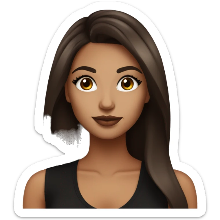 Tan girl with brown eyes and dark brown long hair with lashes holding espresso martini. Wearing makeup and black top sticker