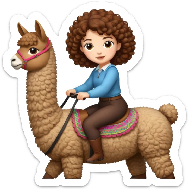 cute woman short tight curly brown hair riding an alpaca sticker