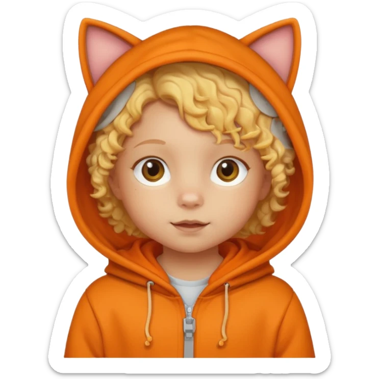 little kid Toddler in orange cat hoodie, curly blonde hair sticker