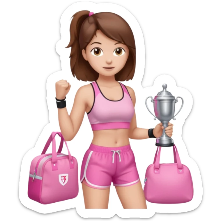 Brown hair girl wearing a pink gym set, shorts and gym bra have her holding a Stanley cup and CUTE pink gym bag  sticker