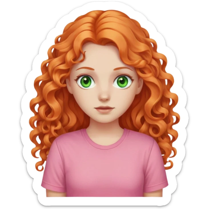 white pale girl with long curly orange hair, green eyes, pink shirt sticker
