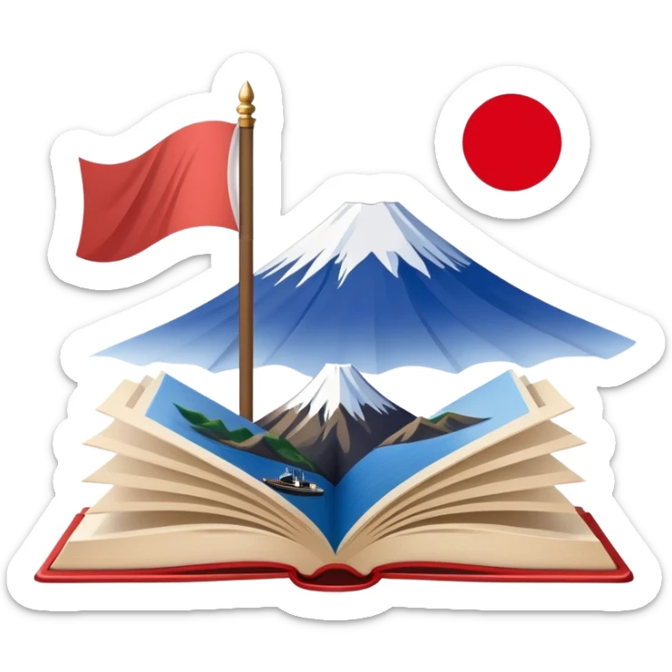 An icon featuring Mount Fuji and the flag of Japan, symbolizing the Japanese language. The design includes an open book with Japanese kanji characters and a traditional Japanese fan, representing language learning and cultural heritage. Transparent background . sticker
