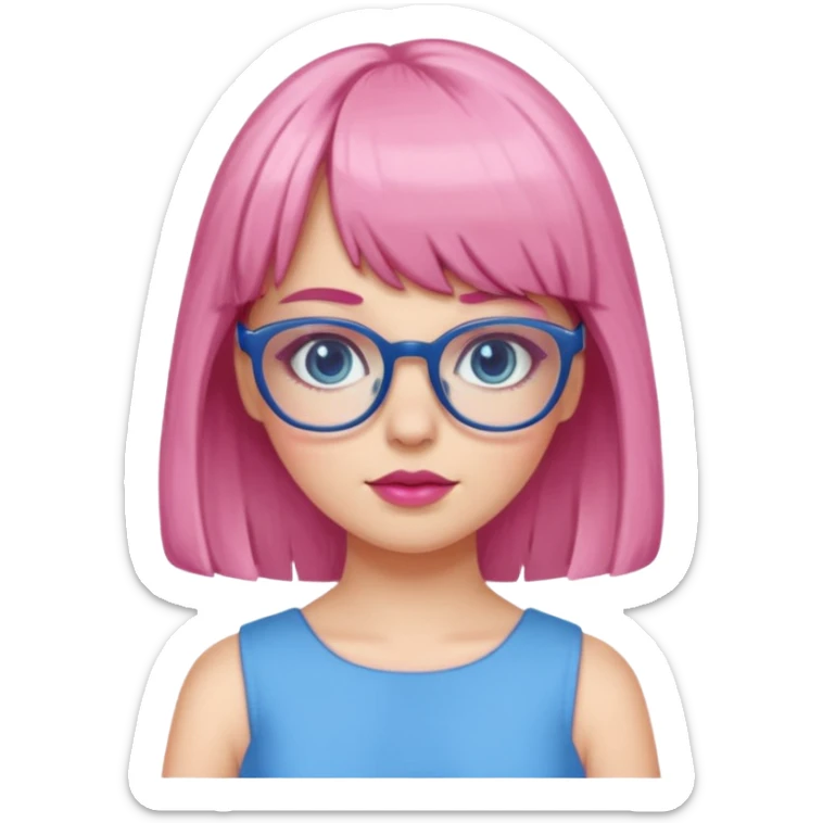 Cute white girl has bang and glasses wear pink make up and dress all blue sticker