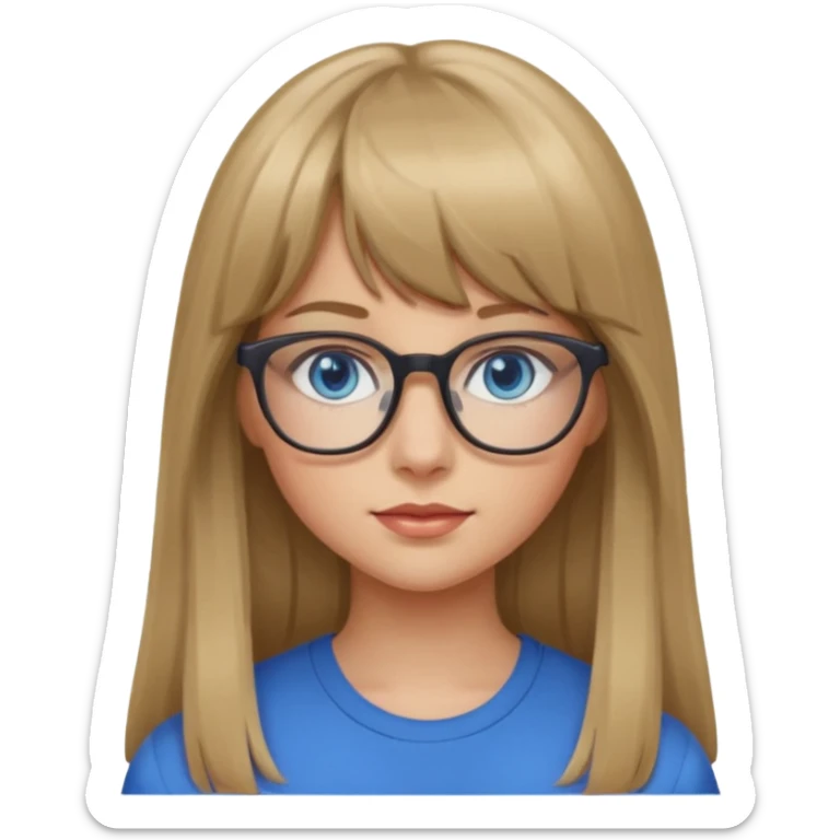 A girl with dark blonde long hair and bangs and glasses and blue eyes sticker