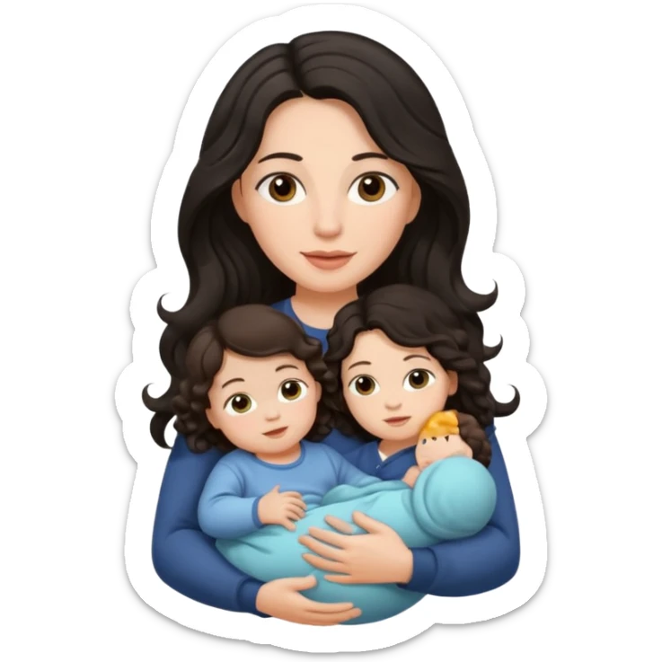 Mother long black wavy  hair  holding 1 infant brown hair fair skin sticker