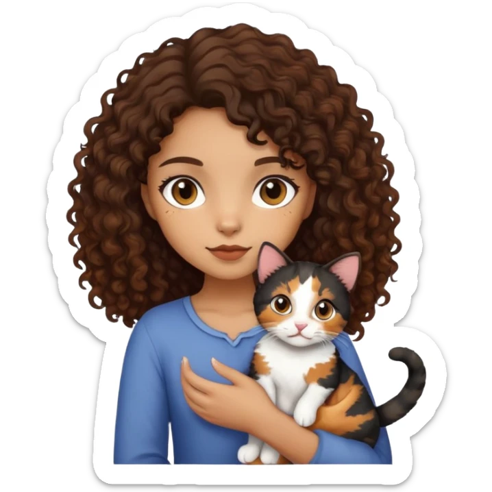 Light brown skin, dark curly hair, girl holding calico cat sticker
