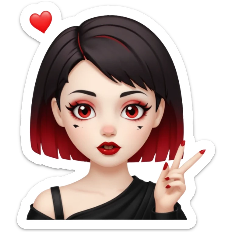 A girl with goth makeup and short hair( dark brown and bottom of hair red) winking and blowing kiss while raising one shoulder.  sticker