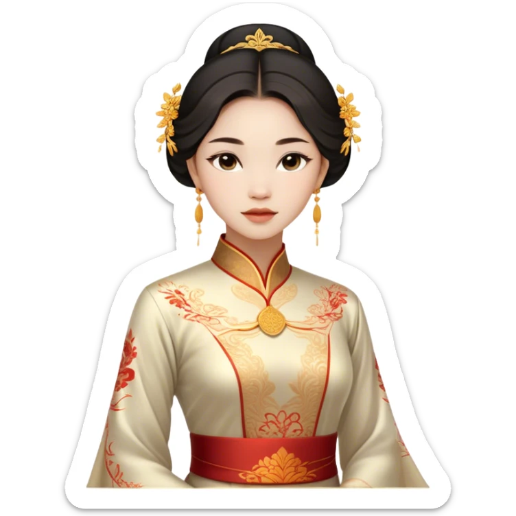Cinematic Realistic Áo Dài Portrait Emoji, depicted as an elegant traditional Vietnamese dress with flowing graceful lines and delicate patterns, rendered with rich textures and soft ethereal lighting that captures its timeless beauty. sticker