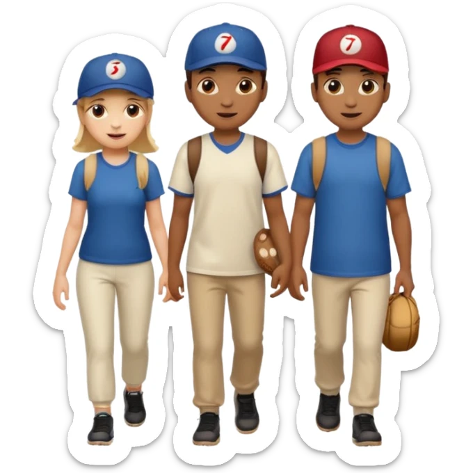 iOS emoji style. 2 adult friends and a young teenager wearing a baseball hat walking and talking.  sticker