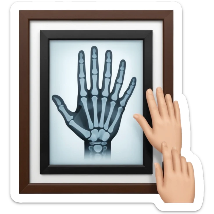 Radiografía de mano sostenida por un hombre con bata blanca  piel clara cabello café obscuro sticker