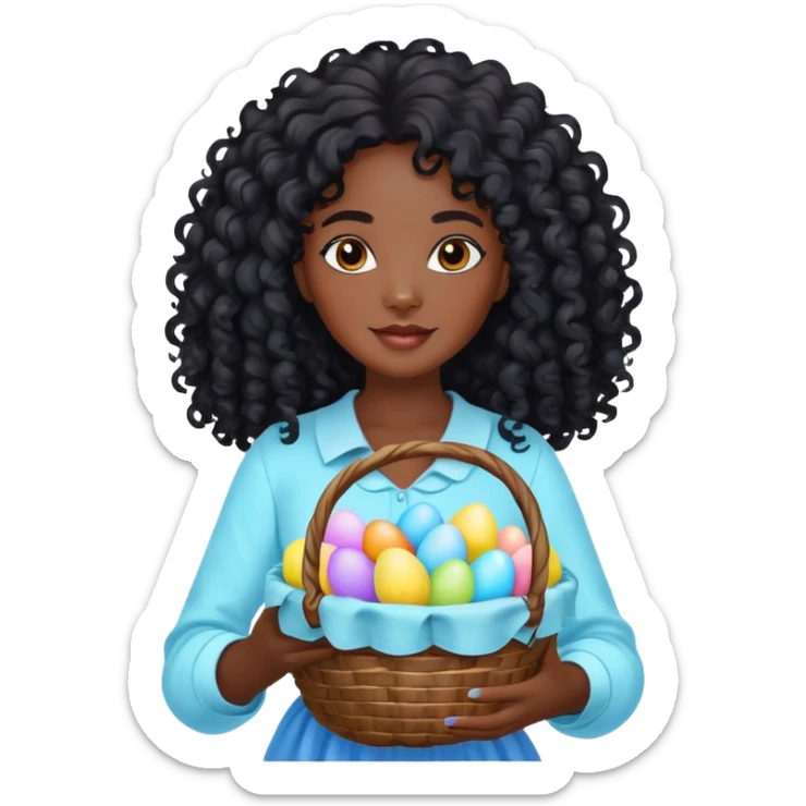 Easter long curly black hair and black skin woman with a light blue basket with eggs on it sticker