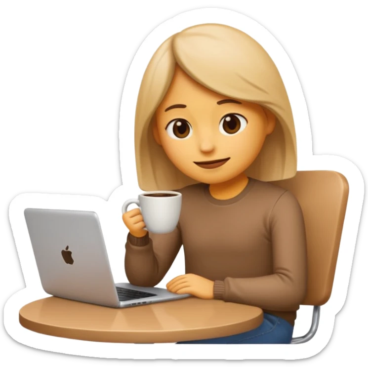 slouching emoji sitting next to a cup of coffee and a laptop, relaxed and casual sticker