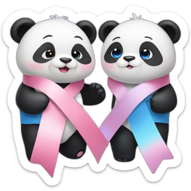 Male panda blue ribbon, female panda pink ribbon, hug sticker