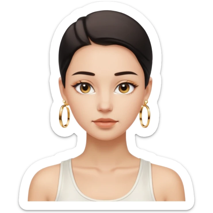 clean girl aesthetic emoji, minimal makeup, dewy skin, slicked-back hair, gold hoop earrings, soft neutral tones sticker