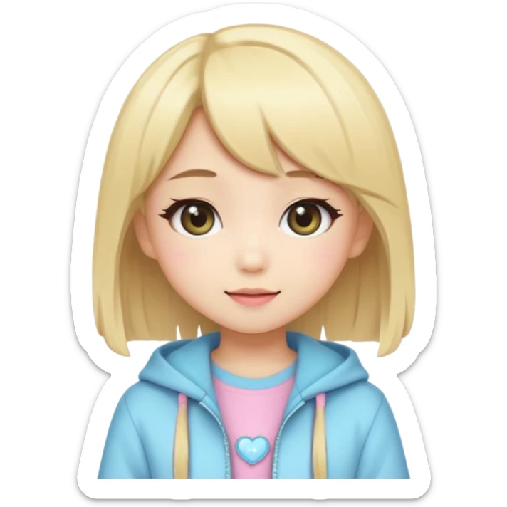 Cute kawaii emoji-style Japanese K-pop girl, blonde hair, trendy K-pop outfit with Japanese cute fashion vibes, big sparkling eyes, chibi proportions, clean lineart, pastel colors, cheerful idol smile, sticker/emoji style, transparent background sticker