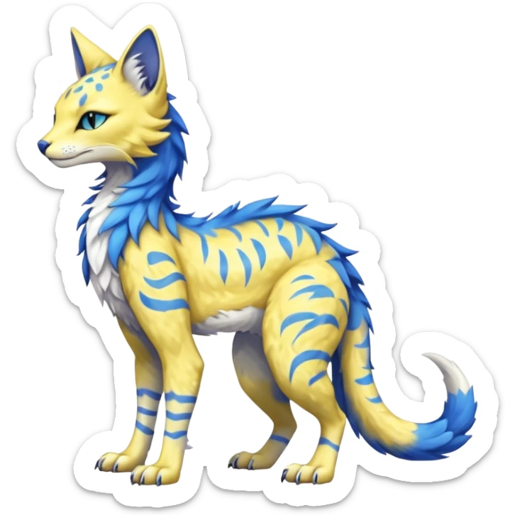 Kawaii yellow and blue beautiful pretty elegant divine edgy fantasy feline-vernid-sergal-fursona animal creature with a tufted tail full body with intricate markings  sticker