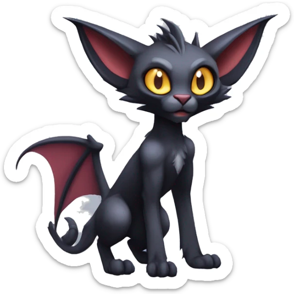 Black cool vampiric Noivern-Litten-Lykoi-Caracal-Fakemon with big bat ears full-body sticker