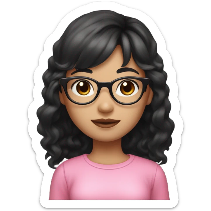 An Asian girl with light skin, black eyes, and medium-length wavy black hair with bangs. She’s wearing round metal glasses, has black eyebrows, pink lips, and a warm smile. She’s dressed in a pink crop top sticker