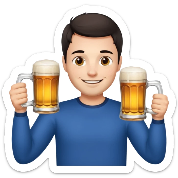 nordic man with short dark hair sitting and holding two mugs of beer sticker