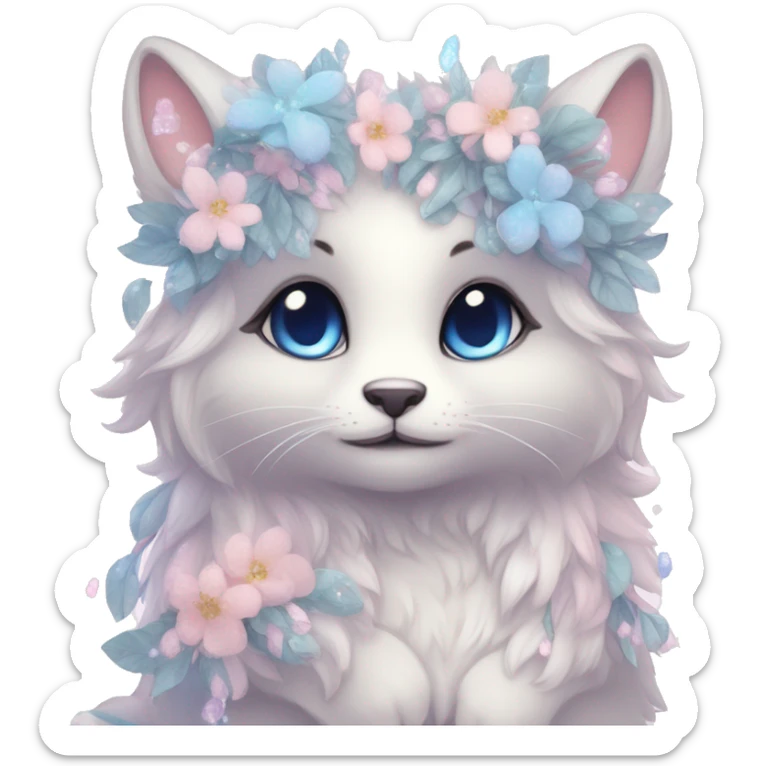 Anthro Cute Cool Blushing Pastel Innocent Shy Kawaii gorgeous sparkly ethereal fantasy animal creature with blue eyes furry sona with flowers and ribbons beautiful aesthetic sticker