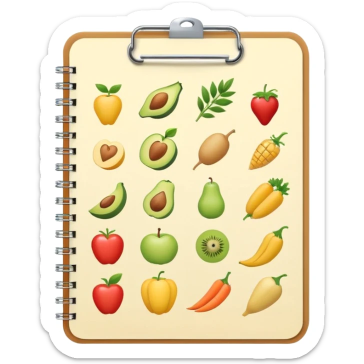 Emoji of checklist notebook with healthy food icons, nutrition planning, flat minimal emoji, pastel colors sticker