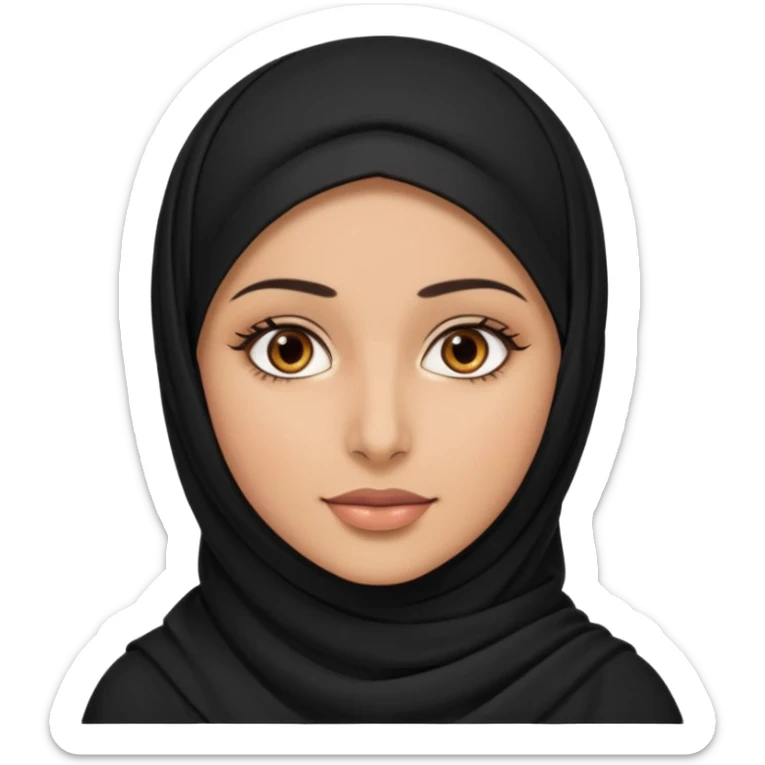 A Arabic woman human with brown eyes and black hijab. , the human is a human, the cat is black and white and the other cath is black and white,,  NO EARS ON THE HUMAN ,  sticker