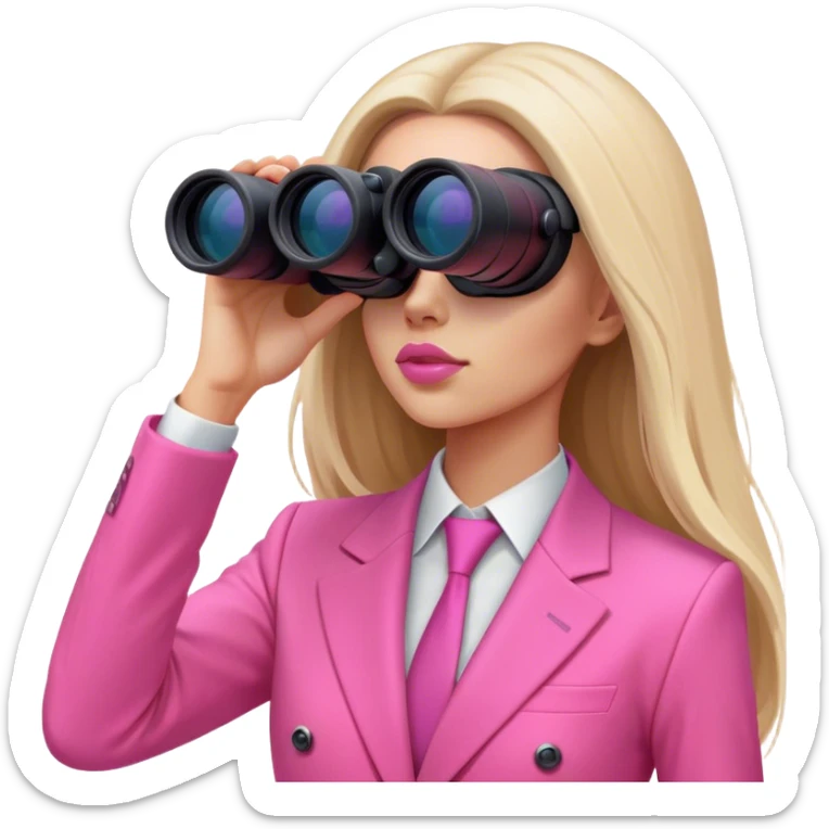 futuristic-looking woman with long hair in an intensive color pink suit looking through binocular, viewed from an angled perspective sticker